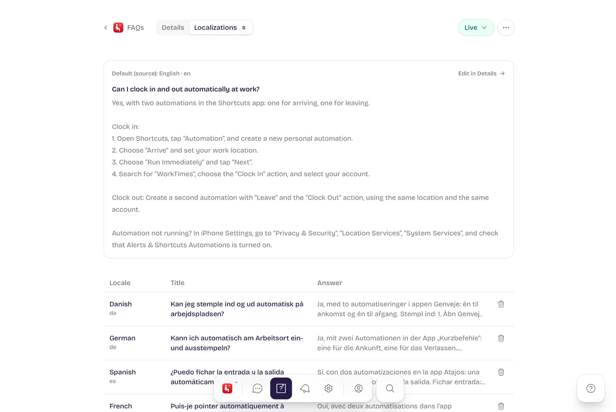 FAQ entry translated into six languages in the mobile_joe dashboard