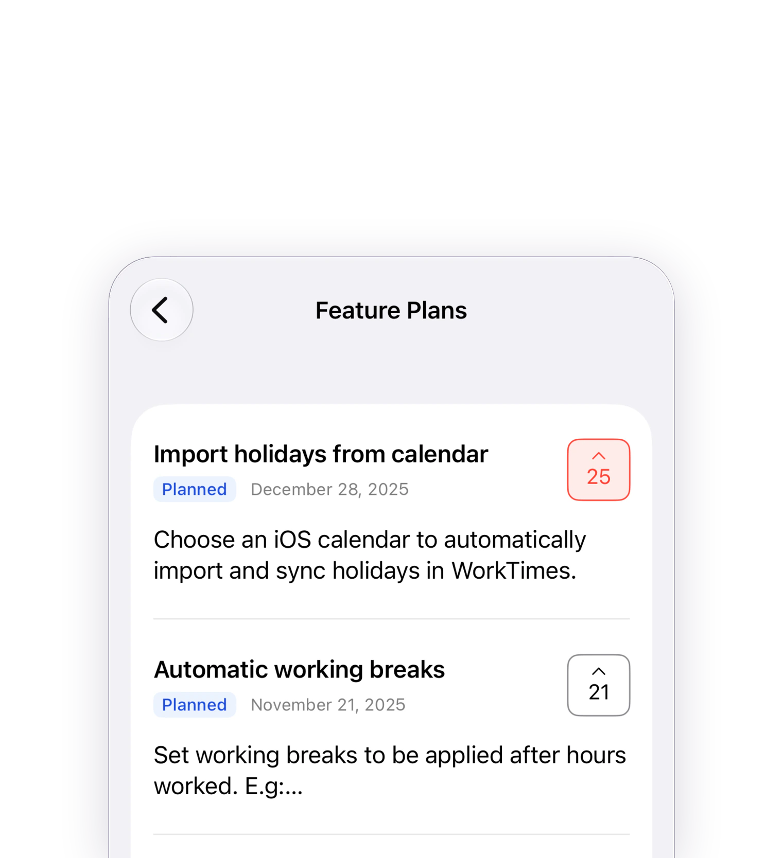 Feature plans screen in an iOS app